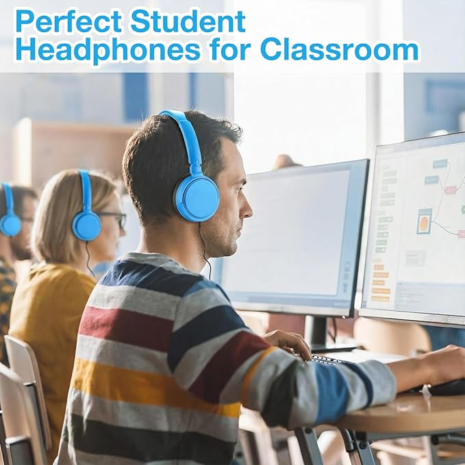 Yunsailing 18 Pack Classroom Headphones Bulk Student Wired Class Headphones Set for School with Individually Wrapped Adjustable Over Ear Head Earbuds (Blue)