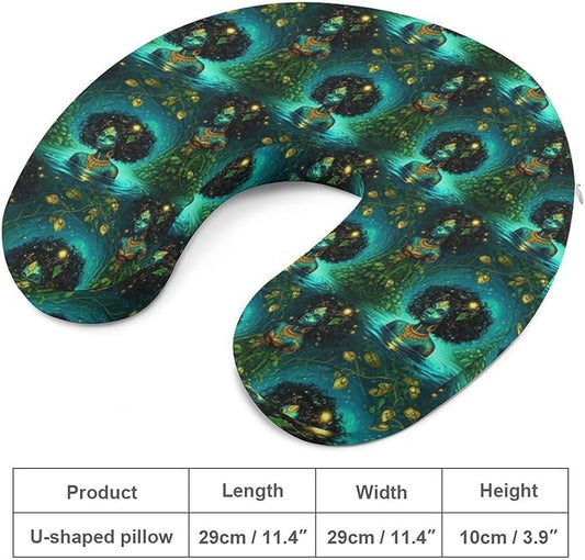 Fashion Travel Pillow Memory Foam Chin Head Support African American Black Woman Girl Art Green, Breathable Washable Cover for Women Men Airplane Car Decor