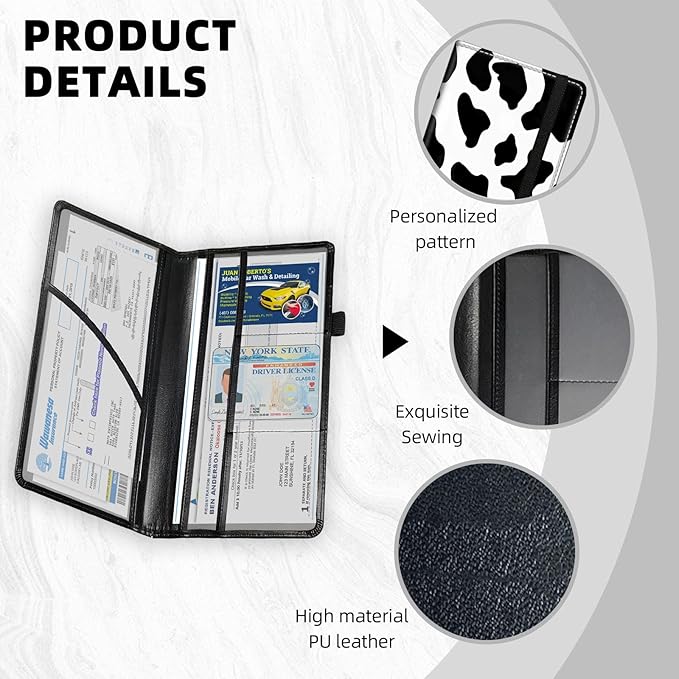 Car Registration and Insurance Holder PU Leather Vehicle Insurance and Registration Holders Wallet Case with Elastic Band Closure for ID Card, Driving Licence, Black and White Cow Print