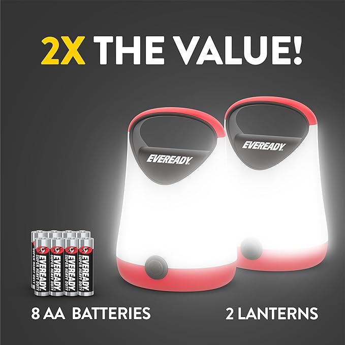 Eveready LED Camping Lantern X-250 (2-Pack), Super Bright Tent Lights, Rugged Water Resistant LED Lanterns, 100 Hour Run-time (Batteries Included), Red and Black
