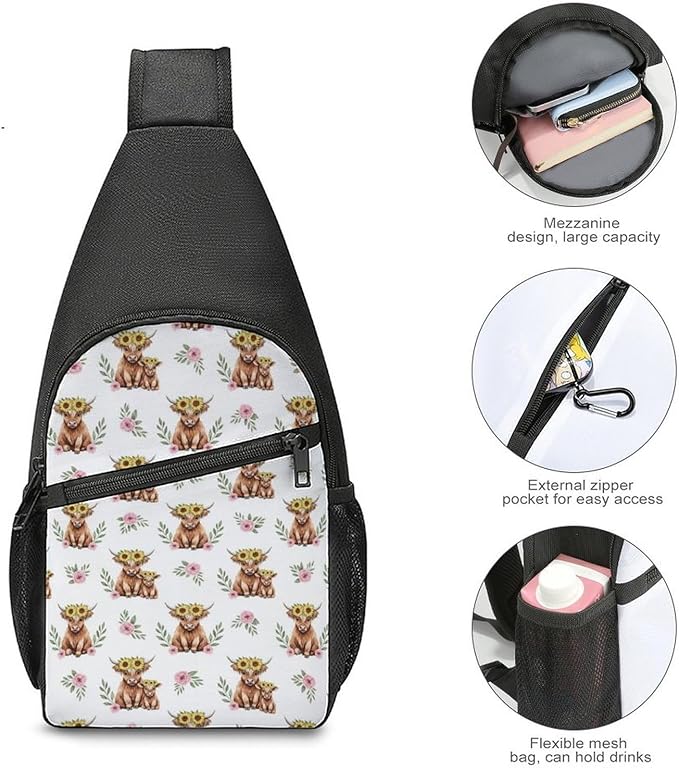 SWEET TANG Sling Bag for Men Women, Comfortable Crossbody Backpack, Highland Cow Sunflower Farm Animal, Anti Theft Sling Shoulder Chest Bag Daypack, Fashion Travel Gym Sack Rucksack