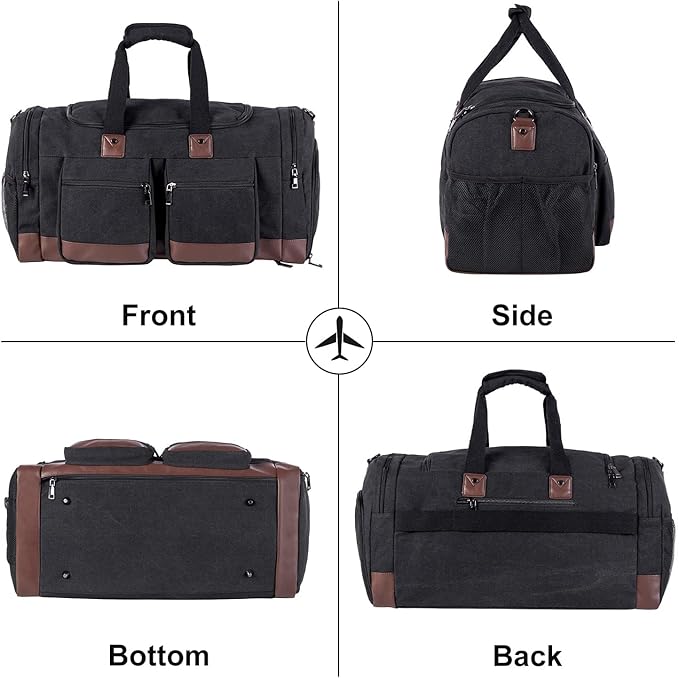 Leather Travel Bag with Shoe Pouch,Weekender Overnight Bag Waterproof Leather Large Carry On Bag Travel Tote Duffel Bag for Men or Women-Dark Grey