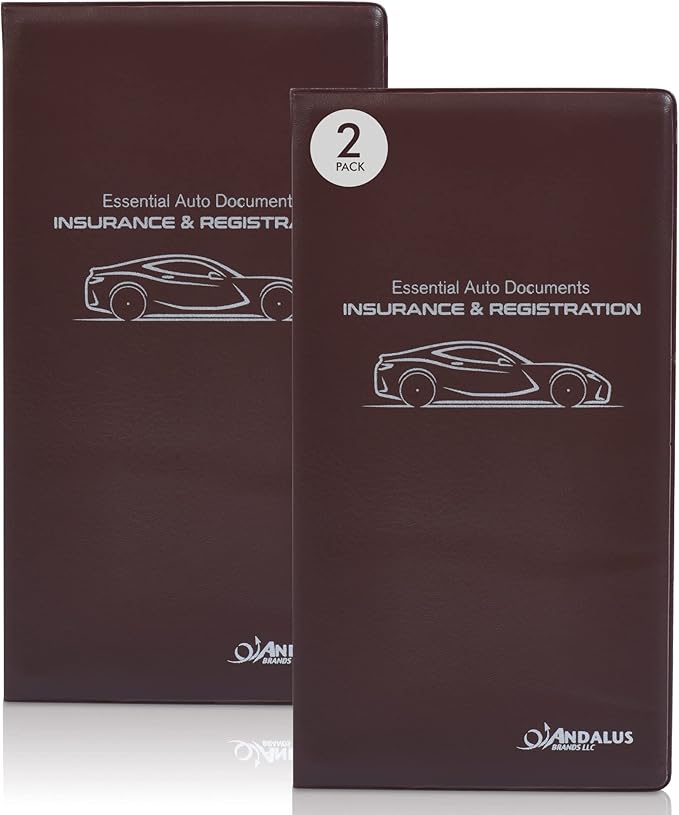 Andalus Auto Registration & Insurance Card Holder Pack of 2, Waterproof Essential Car Registration Holder with Hook & Velcro Closure, Perfect for Every Vehicles Glove Boxes (Brown - 9.5" x 5.15")