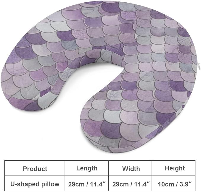 Men’s Comfort U-Shaped Neck Pillow Memory Foam Travel, Sparking Mermaid Fish Scales Purple U-Shape, Breathable Car Airplane Support