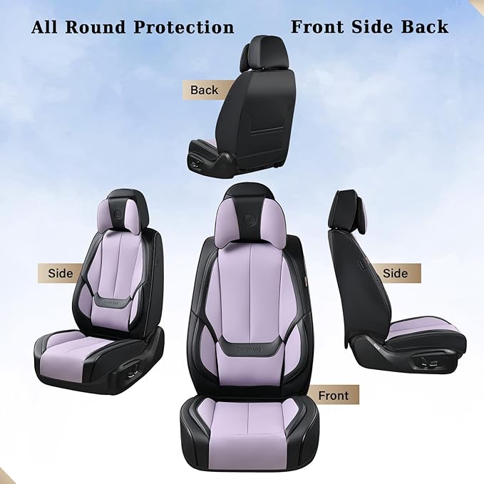 Coverado Universal Seat Covers Front, 2-Pack Universal Seat Covers for Cars, Waterproof Nappa Leather Car Seat Covers with Head Pillow, Auto Protectors Fit for Most Sedans SUV Truck-Black&Purple