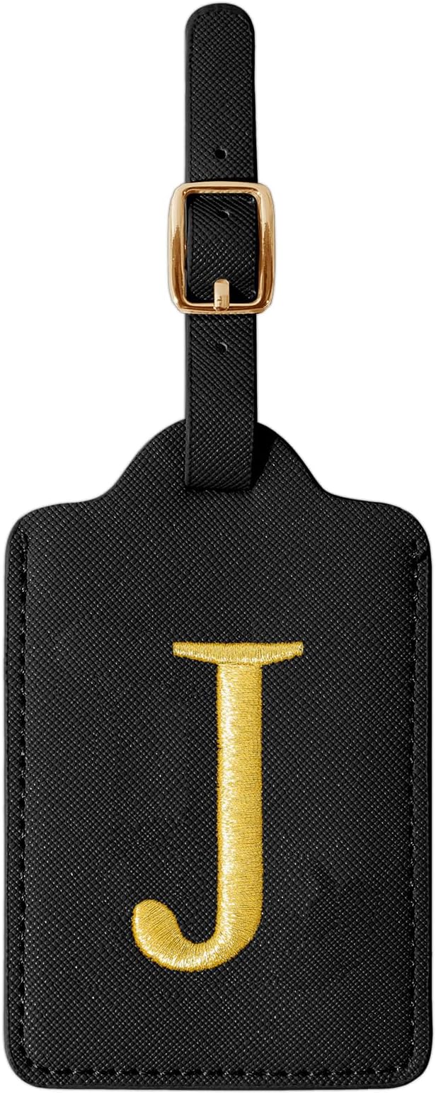 Personalized Initial Luggage Tags for Suitcase TSA Approved, Black Leather Cute Luggage Tag with Privacy Cover Name Card, Embroidered Custom Luggage Tags Travel Backpack Tags Gifts for Women Kids(J)