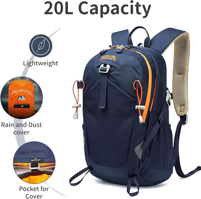 ROYAL MOUNTAIN 20L Lightweight Hiking Backpack With Rain-cover, Daypack Waterproof Travel Camping Backpacks for Men Women, Outdoor Sports Daypack For Camping, Daily Commuting, Short Trips (Navy Blue)