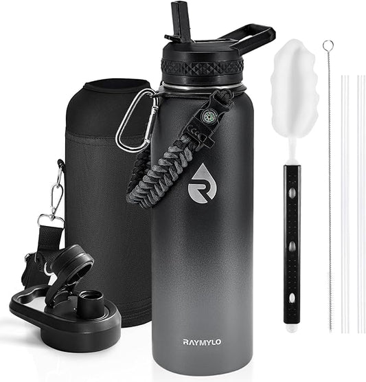 Insulated Water Bottle 40 oz, Triple Wall Vacuum Stainless Steel (Cold for 48 Hrs), Leak Proof & Non-BPA, Modern Water Flask Jug with Paracord Handle & Straw Spout Lids, Dark Grey