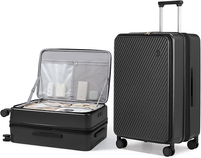 mixi 24 Inch Large Expandable Checked Luggage PC Hard Shell Suitcase Top Opening Rolling Travel Suitcases with Spinner Wheels & TSA Lock, Black