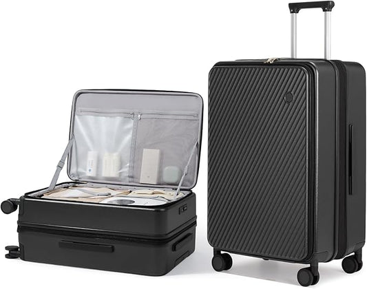 mixi 24 Inch Large Expandable Checked Luggage PC Hard Shell Suitcase Top Opening Rolling Travel Suitcases with Spinner Wheels & TSA Lock, Black