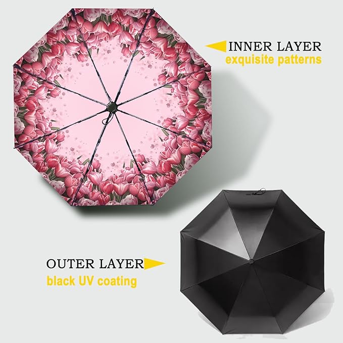 SIEPASA Compact Travel Umbrella - Windproof Auto Open/Close, Lightweight Folding Umbrella wIth Fiberglass Frame & Waterproof Canopy. Fits Backpack/Purse. (Tulip)