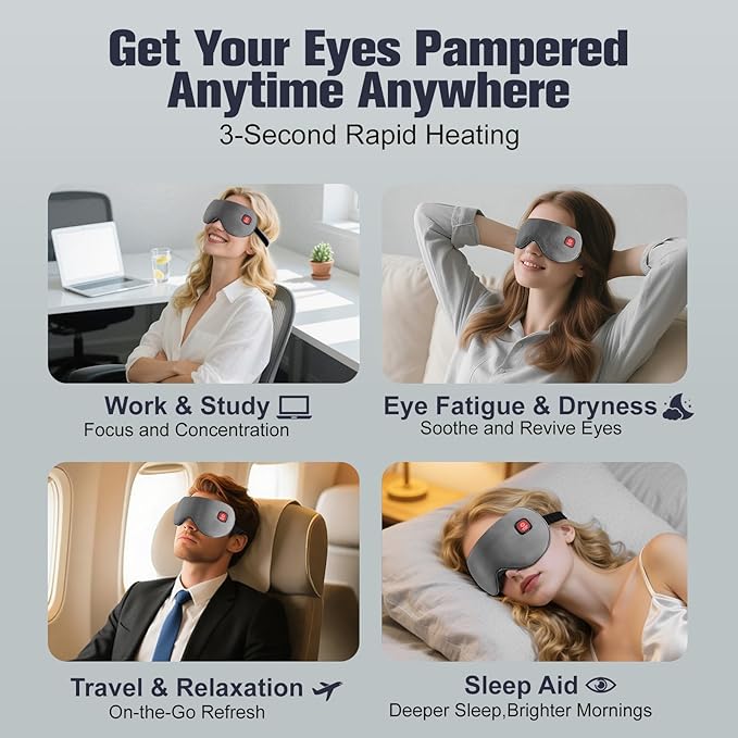 Heated Eye Mask, Rechargeable Detachable Washable Faux Silk Electric Cordless Dry Eyes Warmer Compress Graphene Sleep Mask Travel Gifts for Men Women, 3 Heat Levels & Auto-Off, Gray