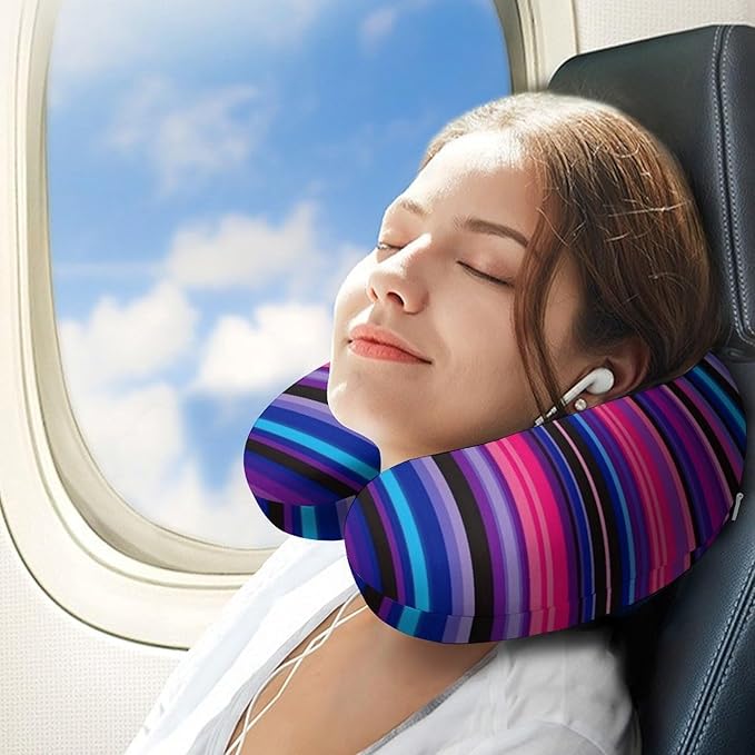 Stylish U Shaped Travel Neck Pillow Memory Foam Chin Support Purple Mexican Blanket Stripes, Breathable Washable Cover for Airplane Car Office Decor