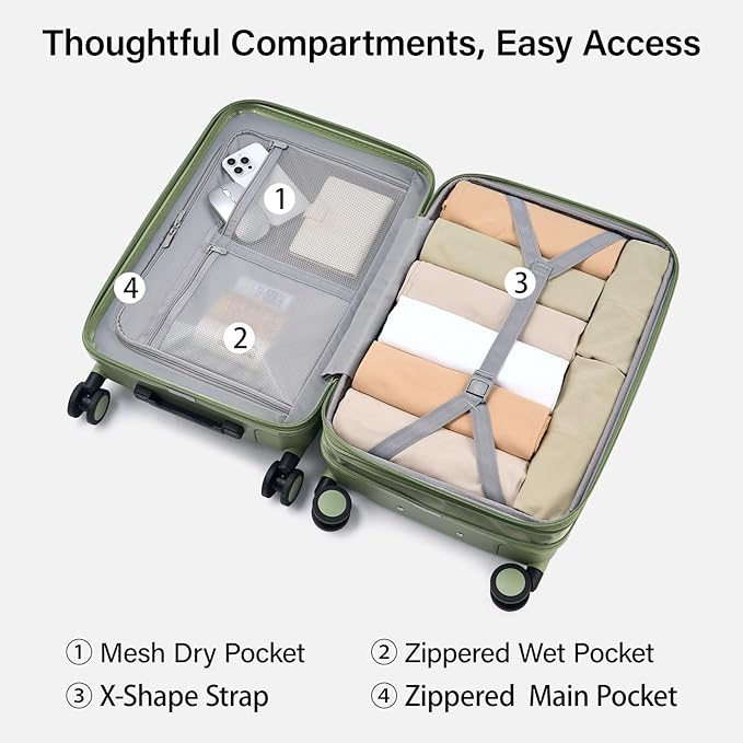 Hanke Expandable Carry On Luggage 22x14x9 Airline Approved, 20 Inch Hardside Luggage with Spinner Wheels, All-PC Hard Shell Carry-On Suitcase, Lightweight & TSA Approved (Bamboo Green, 46L)