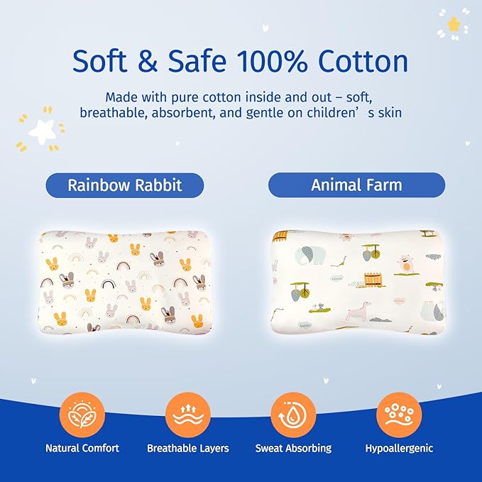Toddler Pillow with Pillowcase, Breathable & Cozy Machine Washable Kids Pillow with Pillowcase, 21.6x13.8 Ergonomic Children Pillow for Boys and Girls Aged 3-8 (Rabbit, Height 2)