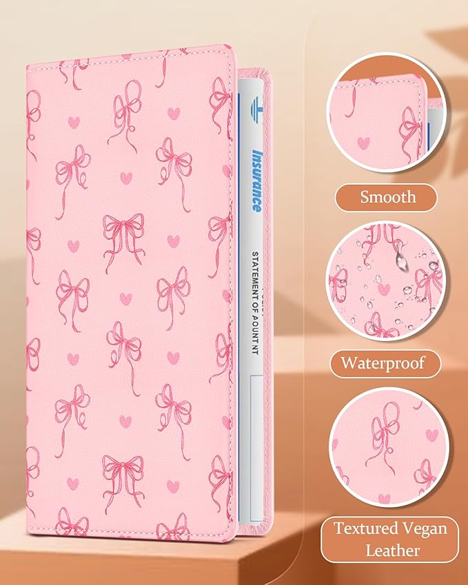 Slohif Car Registration and Insurance Card Holder - Bow Vehicle Glove Box Organizer Women with Magnetic Shut Leather Automobile License Holders Coasters Auto Accessories Case for Document