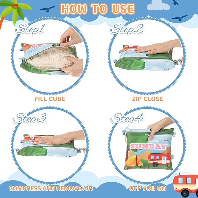 Paterr 7 Pcs Packing Cubes for Travel Kids Day of Week Compression Packing Bags Colorful Luggage Suitcase Organizers Bag for Travel (Car)