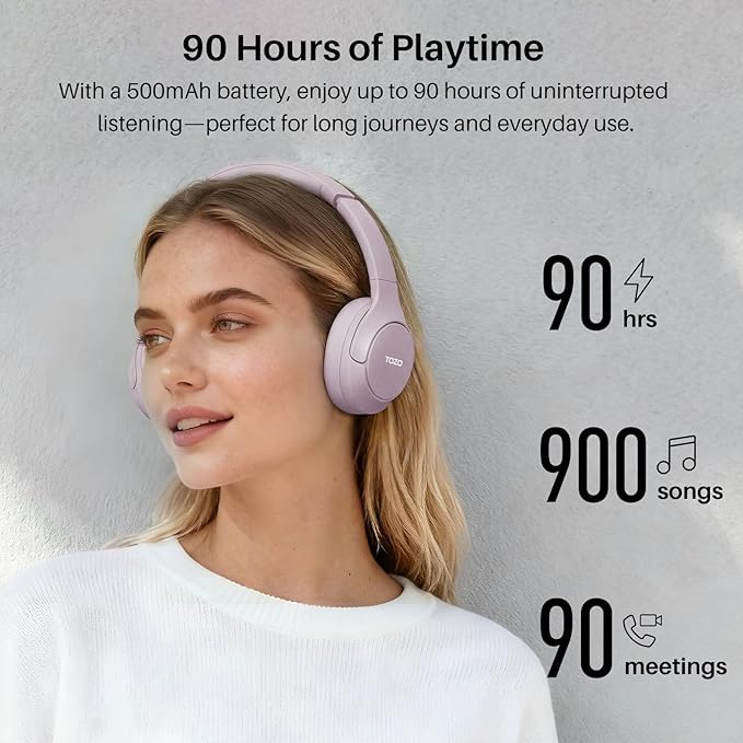 TOZO HT3 Hybrid Noise Cancelling Headphones, 90H Playtime Wireless Over Ear Bluetooth Headset, Spatial Audio AI Chat with 5 Mics, Supports Dual Connection and USB-C Input, with 32 EQ Music Modes
