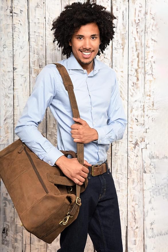 Leabags Leather Weekender | Genuine Leather Premium Travel Bag | 41L Sports Duffle Gym Training Airplane Bag | Large | Natural Light Brown | for Women & Men