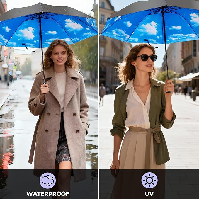 LLanxiry Compact Travel Umbrella, 44" Canopy, Automatic Open/Close Windproof Umbrella, 210T Pongee, 8-Rib Fiberglass, Travel Size Mini, Portable Rain/Sun Umbrellas UPF 50+ with Cover