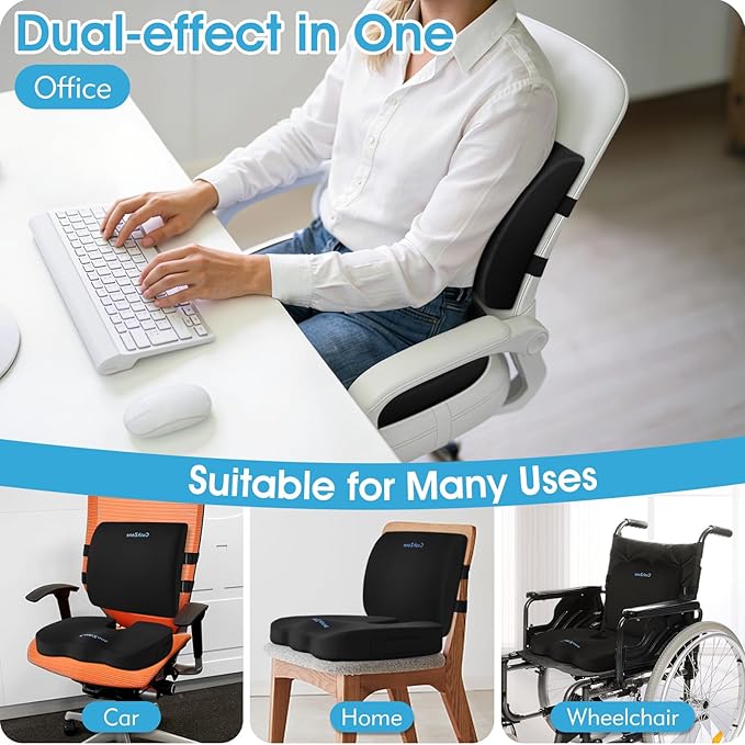 CushZone Seat Cushion, Lumbar Support Pillow with Adjustable Strap-Chair Cushions for Sciatica Pain Relief-with Washable Cover Memory Foam for Car, Travel and Wheelchair-Black
