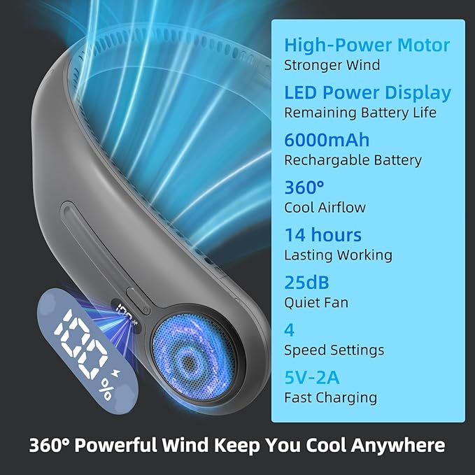 Portable Neck Fan,Hands Free Personal Wearable Bladeless Fan,6000mAh USB Rechargeable,360° Cooling,LED Display,4-Speeds,Birthday Gifts for Men Women Dad Mom,Christmas Gifts (Dark grey)