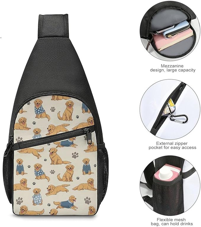 SWEET TANG Men's Crossbody Bags, Casual Daypacks Cute Golden Retriever for Cycling and Travel, Fashion Sling Shoulder Backpack Square Rucksack with Small Pocket for Key Purse