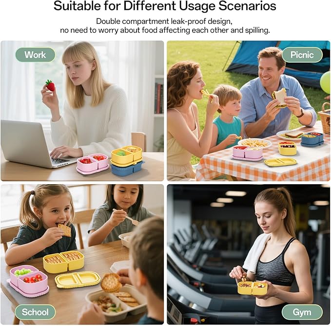 3 Pack Silicone Snack Containers with Lids, Reusable Double Compartment 8oz Leakproof Snack Box for Sauce, Dip, Salad, School, Office, Picnic