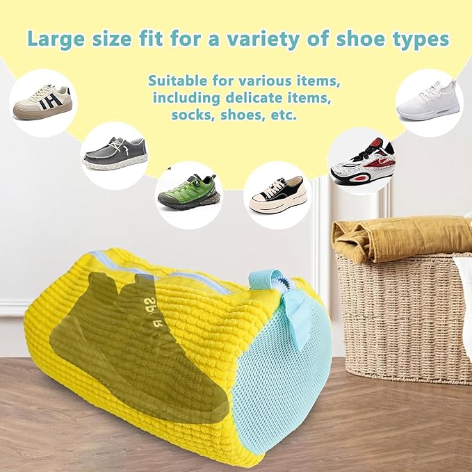 2Pcs Shoe Washing Machine Bags, Laundry Shoe Bags for Washer and Dryer, Sturdy Zipper with Hook Design, Reusable Washing Bag for Sneaker, Tennis, Fits All Shoe Types & Sizes, （Yellow 2 Packs）