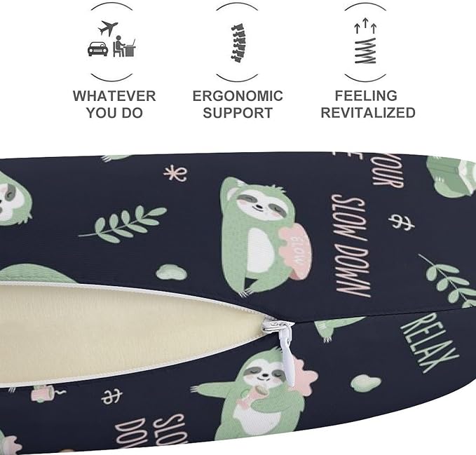 Premium Polyester Compact Neck Support Pillow, Lazy Cute Sloths U-Shaped, U-Shape for Car Travel Office Restful Sleep, Washable Comfort