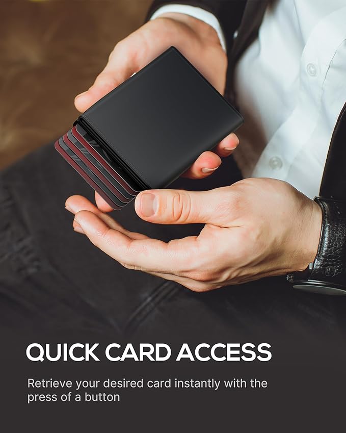 Mens Wallet Card Holder - Smart Wallet for Men, Pop Up Card Case, Top Grain Leather, RFID Blocking, Slim, Minimalist, Ultra Thin, Front Pocket, 9-14 Card Capacity | ID Window | Cash Slot (Black)