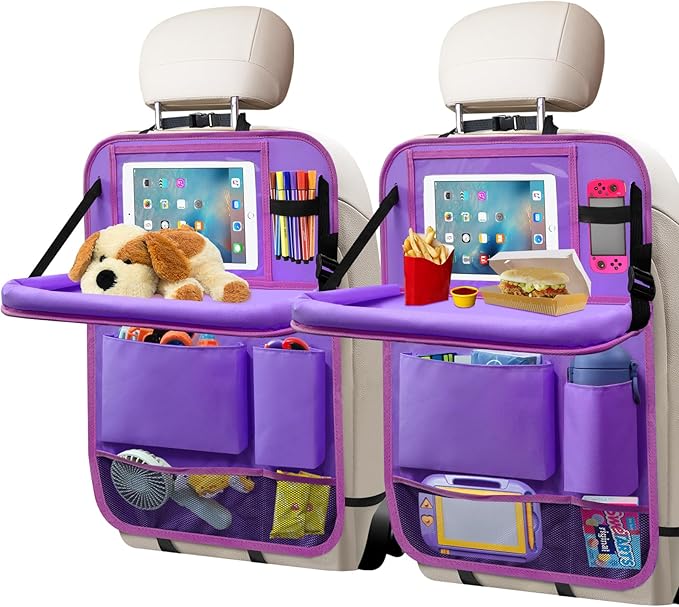 Etre Jeune Car Seat Back Organizer Table Tray, Car Seat Storage Organizer for Kids with Foldable Tablet Holder, 6 Storage Pockets Kick Mats 600D Oxford, 2 Pack Purple