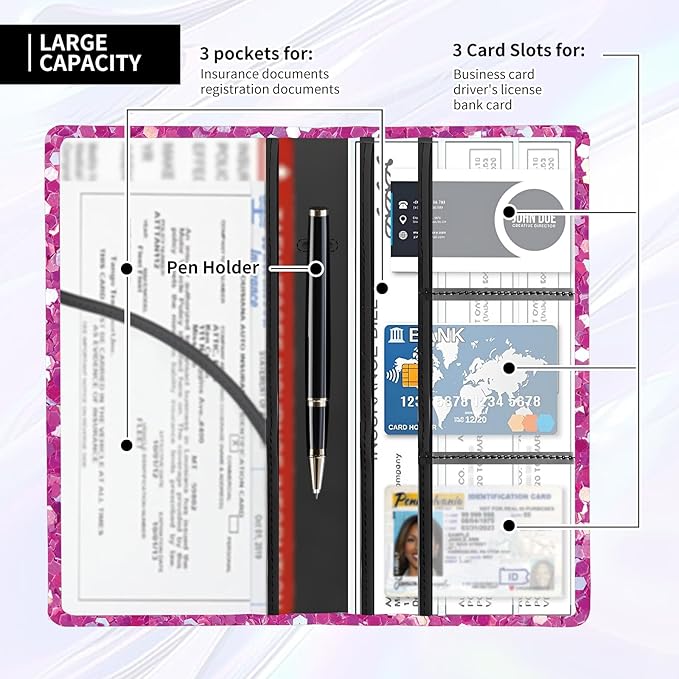 Leather Car Registration and Insurance Card Holder, Cute Car Accessories Vehicle Glove Box Car Organizer for Documents, Cards, License Glitter Purple Pattern