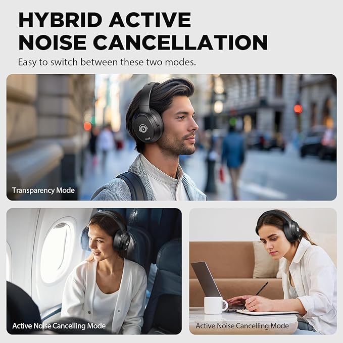 Hybrid Active Noise Cancelling Headphones, Bluetooth Headphones Wireless Over Ear with Transparency Mode, Deep Bass, Comfort Fit Ear Cups, 40 Hrs Playtime for Travel Home Office (Black)