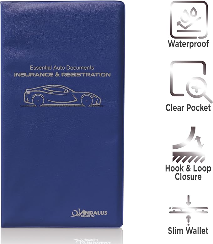 Andalus Auto Registration & Insurance Card Holder Pack of 2, Waterproof Essential Car Registration Holder with Hook & Velcro Closure, Perfect for Every Vehicles Glove Boxes (Blue - 9.5" x 5.15")