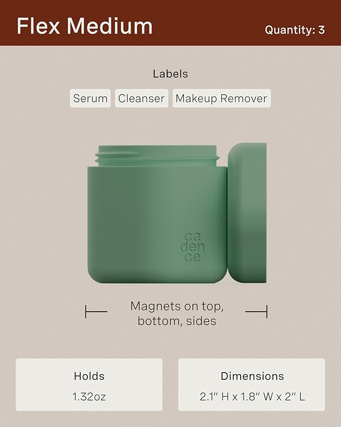 Cadence Travel Containers - Core Skincare Set - Magnetic Containers with Lids,2 Small (0.56oz) & 3 Medium (1.32oz) - Cleanser, Moisturizer, Serum, Makeup Remover & Sun Icon Labels - Eucalyptus