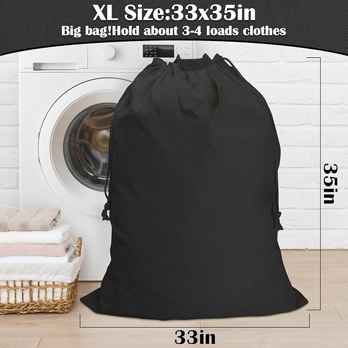 Canvas Laundry Bag 33"x 35", Thick Cotton Laundry Bag with Handles & Drawstring, Extra Large Heavy Duty Washable Basket Liner Hamper Liner Canvas Storage Sack (XL Black)