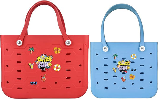 2-Piece Tote Bag Set, Waterproof Rubber Beach Bag with Summer Pattern, Medium & Large Handbag for Pool, Beach, Boat