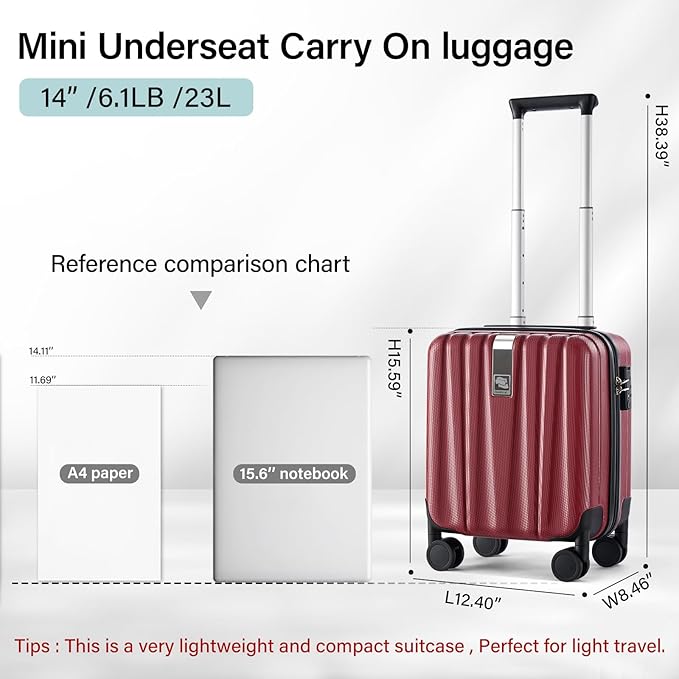 Hanke 14 Inch Underseat Carry On Luggage with Wheels Hard Shell Suitcases Lightweight Small Luggage for Weekender Mini Suitcase Carry On Bag Travel Luggage for Travel Rolling Suitcase.(Burgundy)