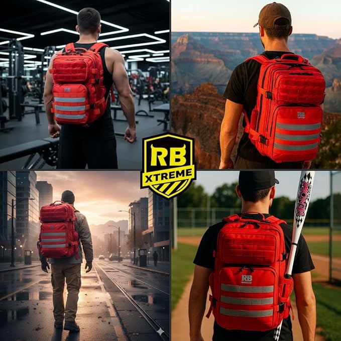 Xtreme 45L Tactical Backpack – Large Travel and Hiking Pack with 16 inch Laptop Sleeve, Stick Holder, Double Bottle Pockets, Recycled Fabric Shell, Rain Cover (Red)