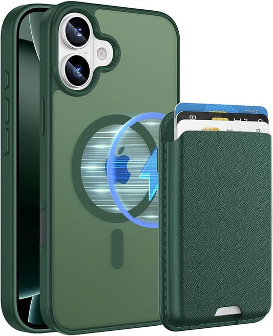 Ntwinro Magnetic for iPhone 16 Case (Compatible with MagSafe) with Detachable Wallet & Card Holder for 3 Cards [RFID Blocking] Military Grade Protective Slim Phone Cover, Green