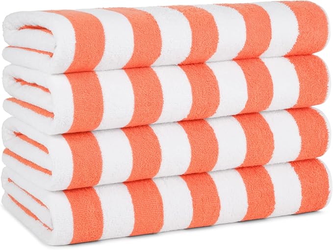 Arkwright California Cabana Stripe Beach Towel - Pack of 4, Large Soft Quick Dry Cotton Terry Towels Set for Pool, Swim, and Hot Tub, Oversized 30 x 70 in, Coral
