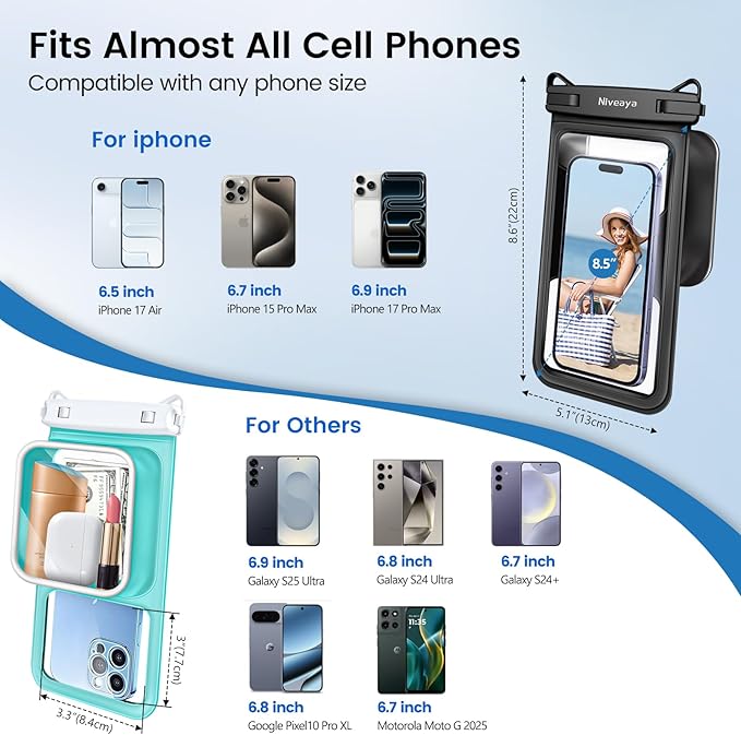 Niveaya 2 Pack IPX8 Waterproof Phone Pouch, Large Space Cell Phone Pouch Floating, Water Proof Phone Case with Lanyard, Phone Dry Bag Beach Cruise Ship Essentials(Up to 8.5")