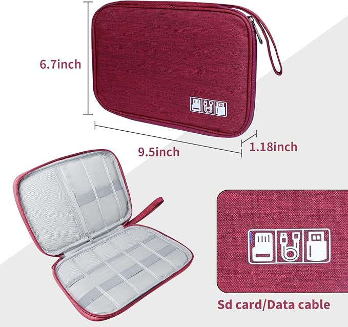 Electronics Travel Organizer,Portable Waterproof Electronic Travel Storage Bag for Small Charging Cord Storage,Charger,Small Electronics,SD Card etc,for Travel,Business -Wine Red