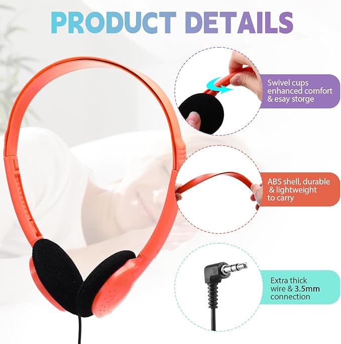 Konohan 30 Pack Headphones Bulk Headphone for School Classroom Student Wired Headphones Adjustable with 3.5 mm Jack for Adults (Macaron)