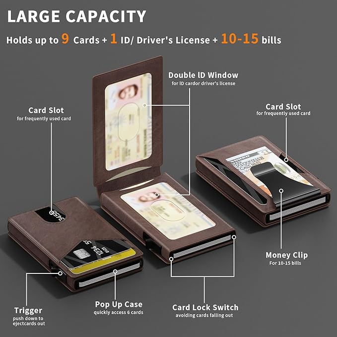 KISUEDZP Wallet for Men Slim RFID Blocking-Metal Smart Pop-Up Credit Card Holder with 2 ID Windows, Holds 8-10 Cards,Bifold Minimalist Front Pocket Wallet & Money Clip,Men's accessories (Coffee)