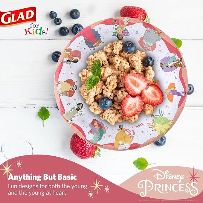 Glad for Kids Disney Princess Paper Snack Bowls with Lids, “Magic is in All of US” - Heavy Duty, Microwavable, Disposable Snack Cups with Lid for Soup or Ice Cream, 12 Ounce, 20 Count - 10 Pack