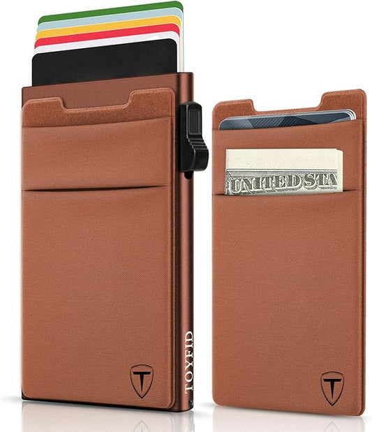 Slim Wallet for Men and Women,Pop Up Credit Card Wallet Metal Minimalist Cards Holder with Money Pocket,Small Ultralight Aluminum RFID Blocking Wallets 6-12 Card Capacity,Brown