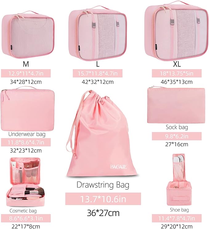 BAGAIL 8 Set Packing Cubes Luggage Packing Organizers for Travel Accessories-Blush Pink