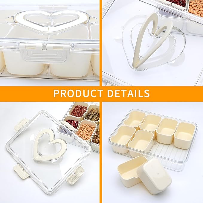 2 Pack Snackle Box Container,snack box-Divided Serving Tray with Lid and Handle with 8 Compartment,Portable Snack Serving Platters Reusable Storae Organizer for Fruits,Nuts,Candy,Party,Picnic